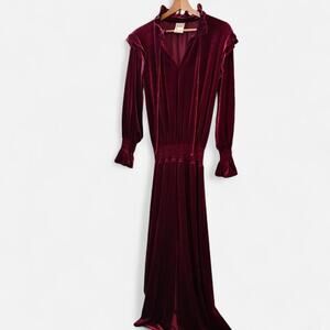 Finley Mary Jane Velvet Smocked Waist Dress Burgundy Ruffles Maxi Sz M/L